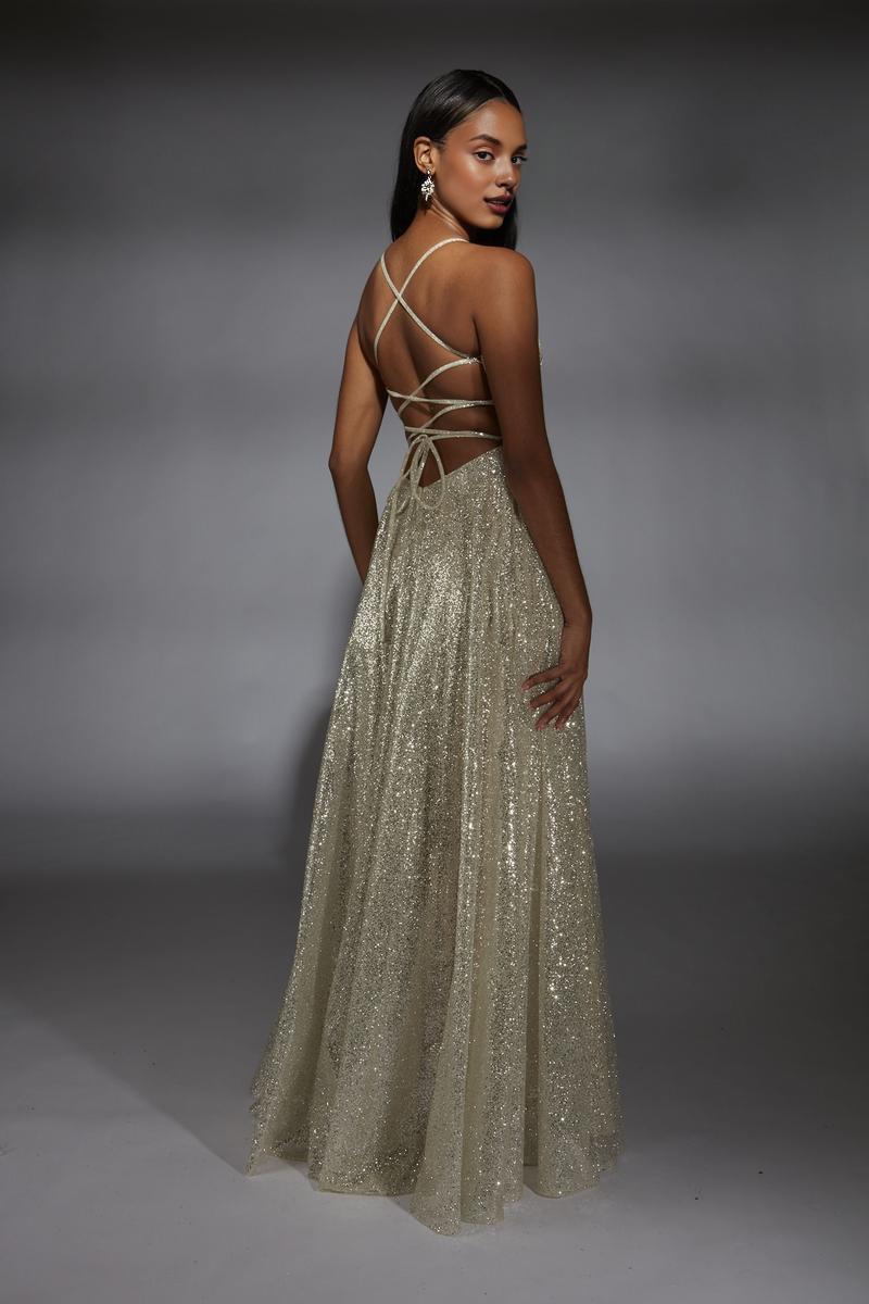 Robe de soirée luxueuse Weitese à bretelles spaghetti et col en V, coupe trapèze/princesse, longueur au sol, scintillante et brillante, dos nu